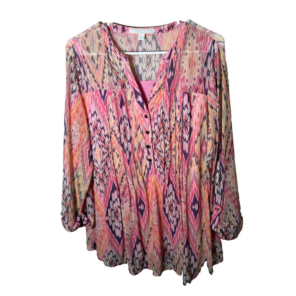 Juniper + Lime Blouse Women's 1X Popover Ikat 3/4 Sleeve Sheer Mesh Casual